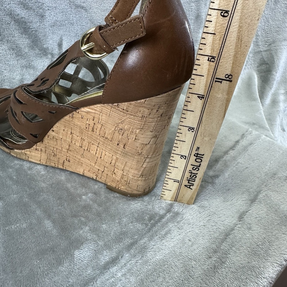 Tahari Women's 10 Brown Tan Leather Cork Wedge Open Toe Strappy Lazer Cutout - Picture 10 of 10